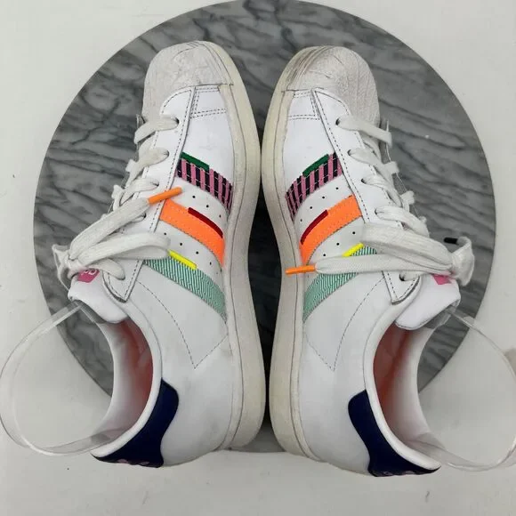 Adidas Mens 7.5 Superstar Shoe White Leather Multi Jagged Shell Toe Sneaker - Picture 6 of 13